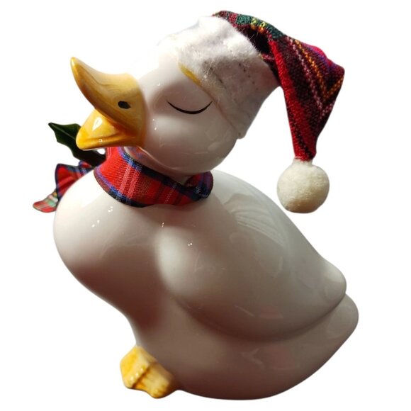 Vintage Holiday Ceramic Duck Figurine W/ Hat & Plaid Scarf White/Yellow 7" - Picture 7 of 8